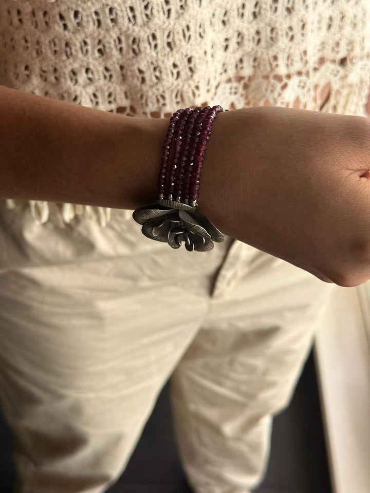 Elegant Rhodolite Silver Flower Bracelet | SHIVKA 94 Silver