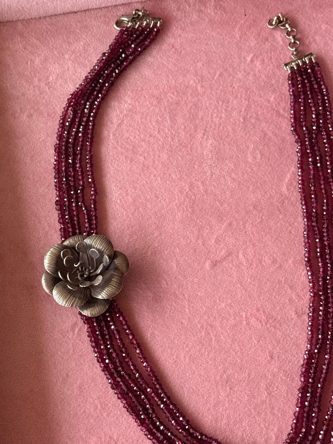 Elegant Rhodolite Silver Flower Necklace | SHIVKA Silver