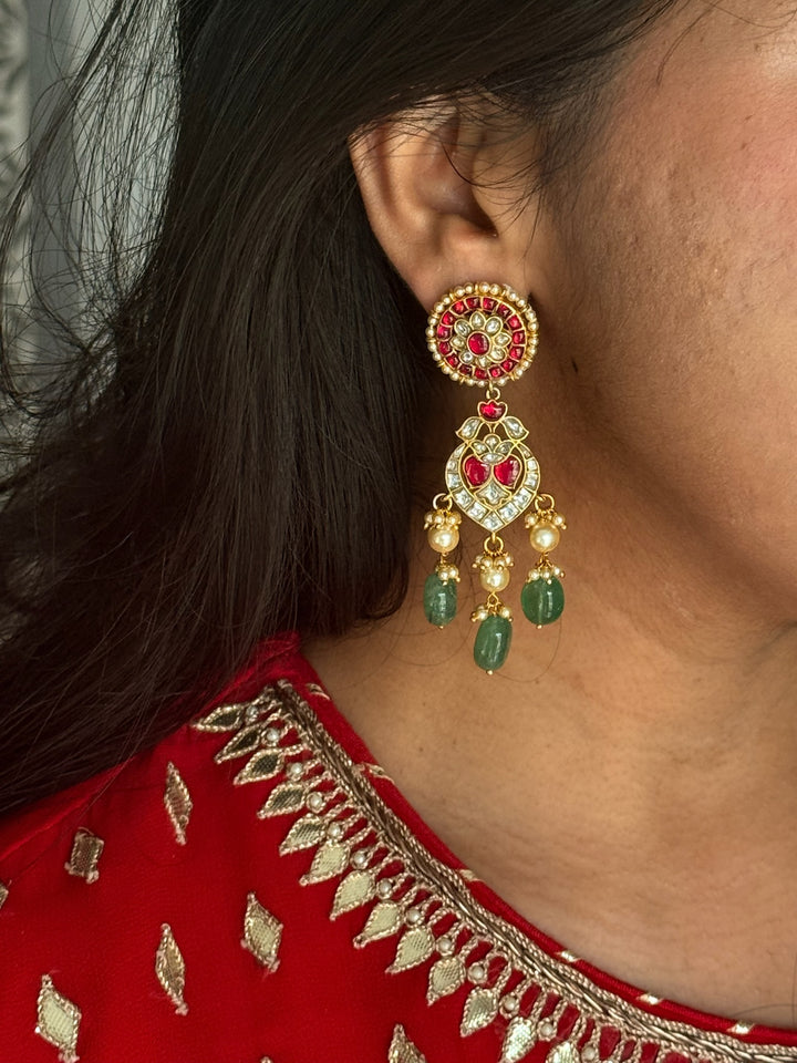 925 Silver Aventurine Pearl Earrings | SHIVKA Kundan Kempu Drops