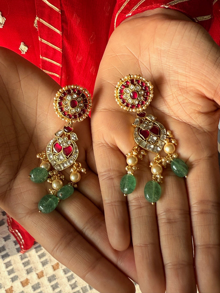 925 Silver Aventurine Pearl Earrings | SHIVKA Kundan Kempu Drops