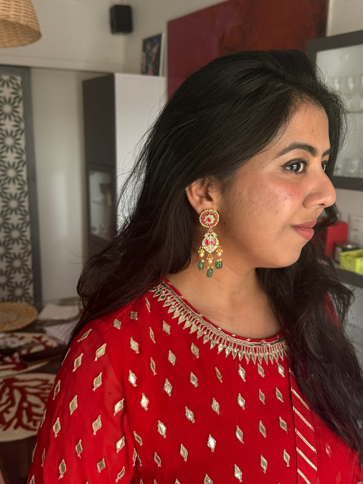 925 Silver Aventurine Pearl Earrings | SHIVKA Kundan Kempu Drops