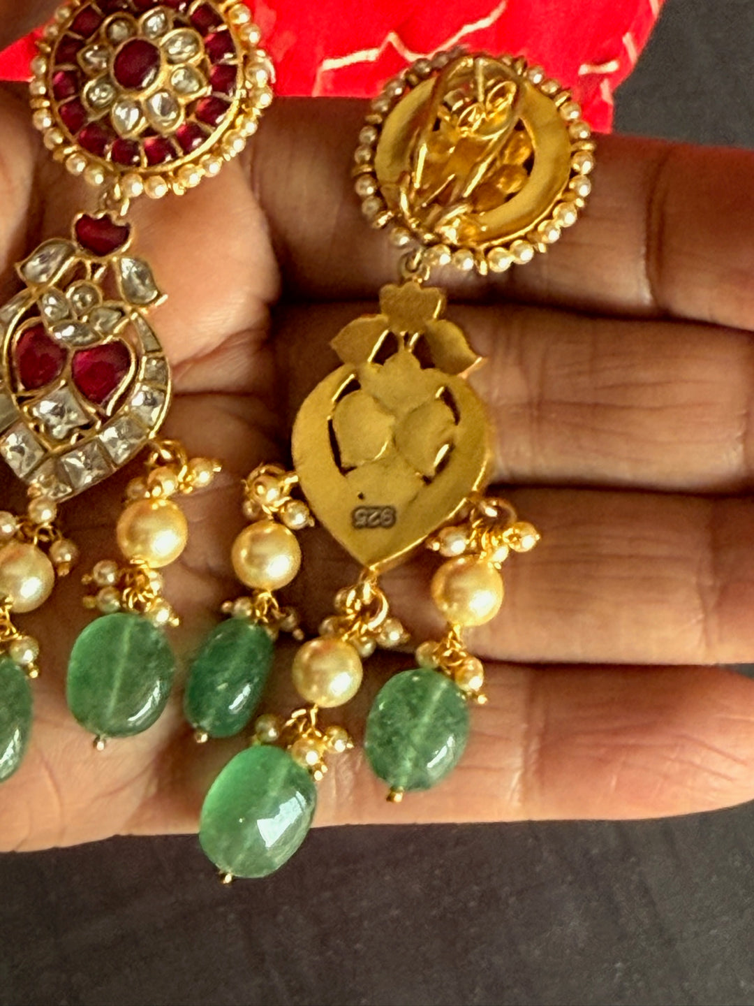 925 Silver Aventurine Pearl Earrings | SHIVKA Kundan Kempu Drops