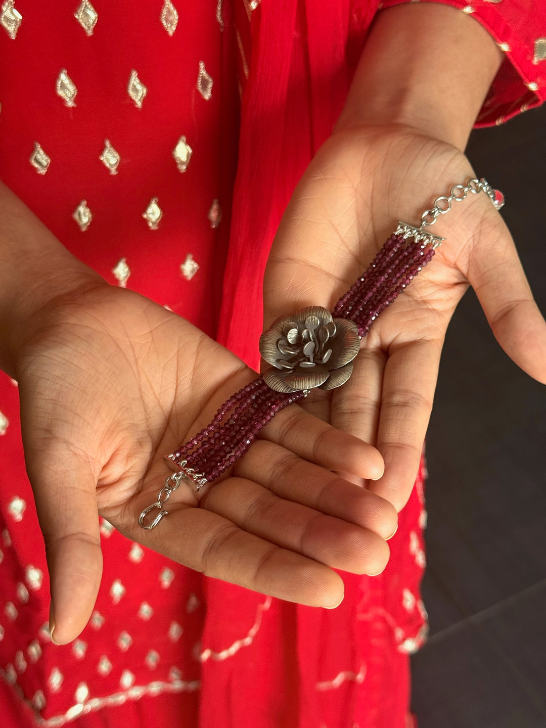 Elegant Rhodolite Silver Flower Bracelet | SHIVKA 94 Silver
