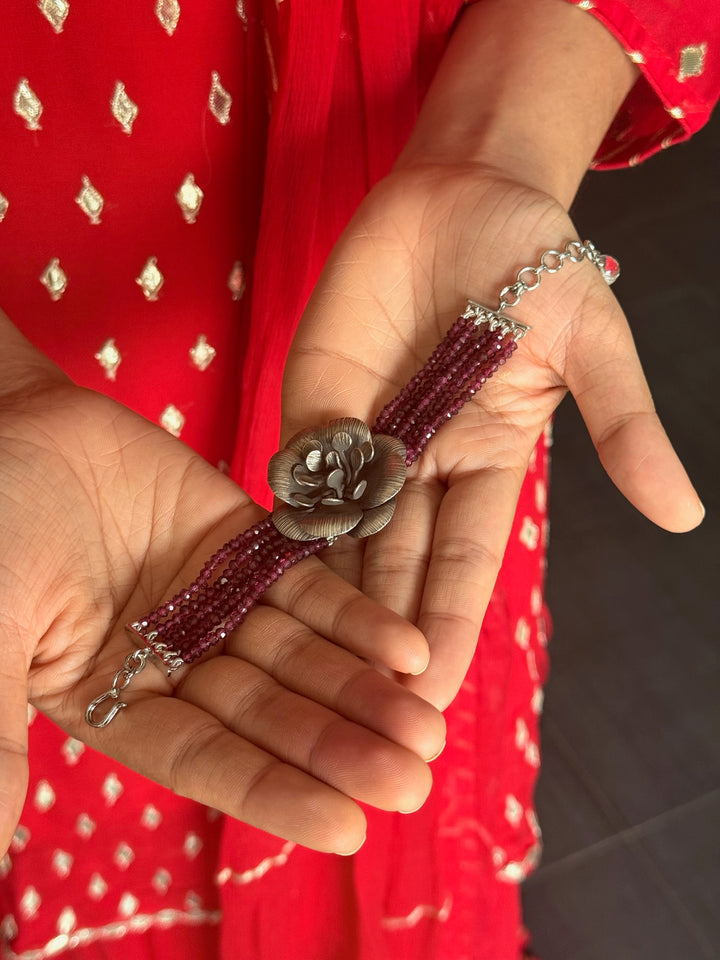 Elegant Rhodolite Silver Flower Bracelet | SHIVKA 94 Silver