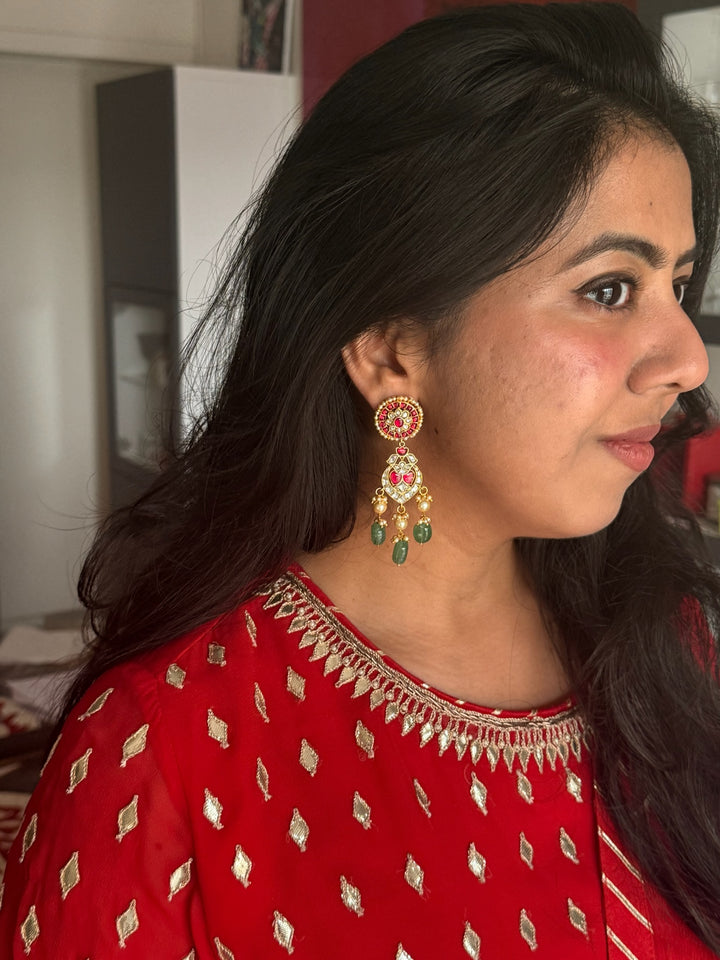925 Silver Aventurine Pearl Earrings | SHIVKA Kundan Kempu Drops