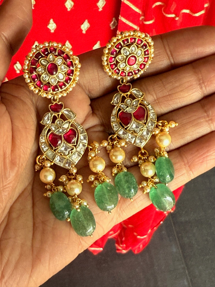 925 Silver Aventurine Pearl Earrings | SHIVKA Kundan Kempu Drops