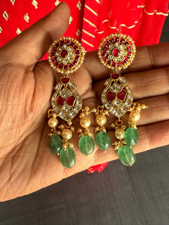 925 Silver Aventurine Pearl Earrings | SHIVKA Kundan Kempu Drops