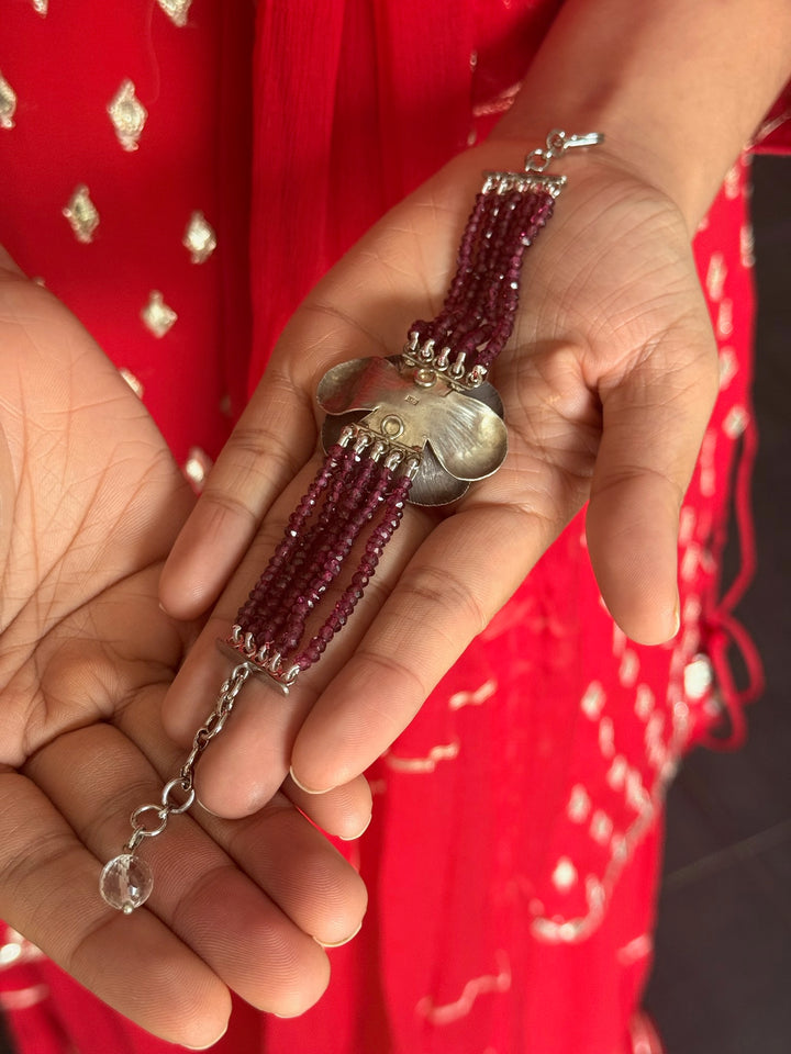 Elegant Rhodolite Silver Flower Bracelet | SHIVKA 94 Silver