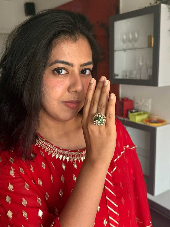 925 Silver Polki Kundan Ring | SHIVKA Victorian Adjustable Ring