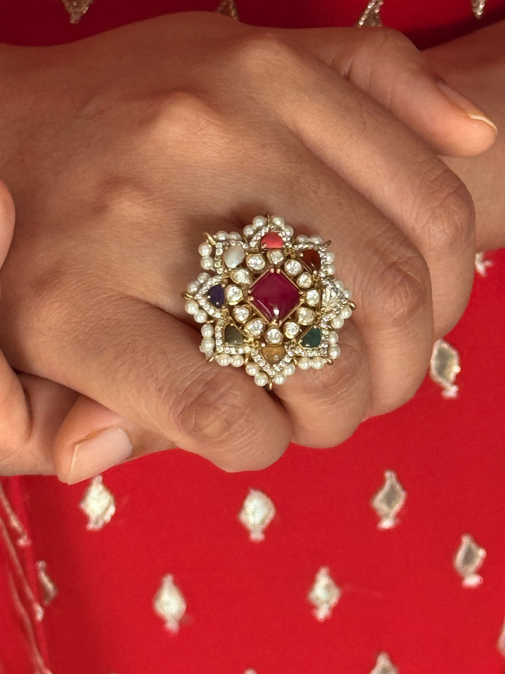 925 Silver Navratna Kundan Ring | SHIVKA Adjustable Jewelry