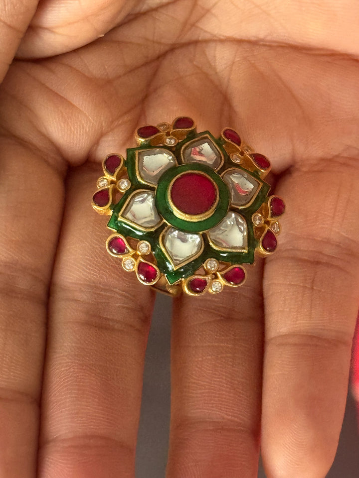 925 Silver Kundan Ring | SHIVKA Adjustable Gold Ring