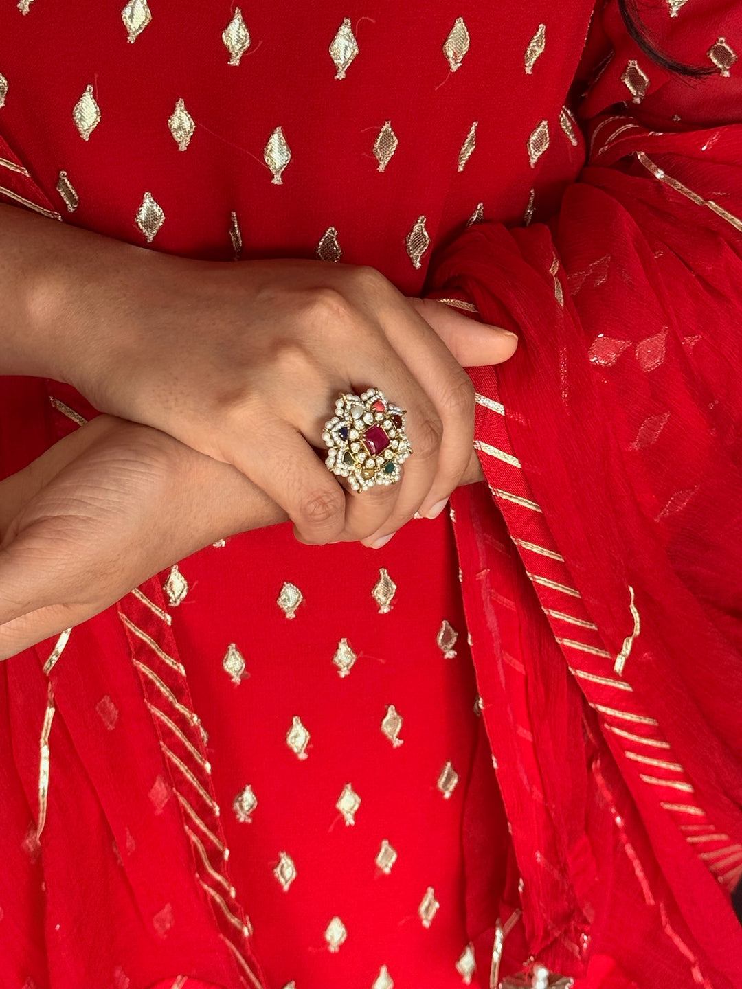 925 Silver Navratna Kundan Ring | SHIVKA Adjustable Jewelry