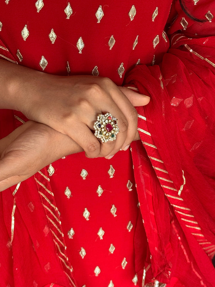 925 Silver Navratna Kundan Ring | SHIVKA Adjustable Jewelry