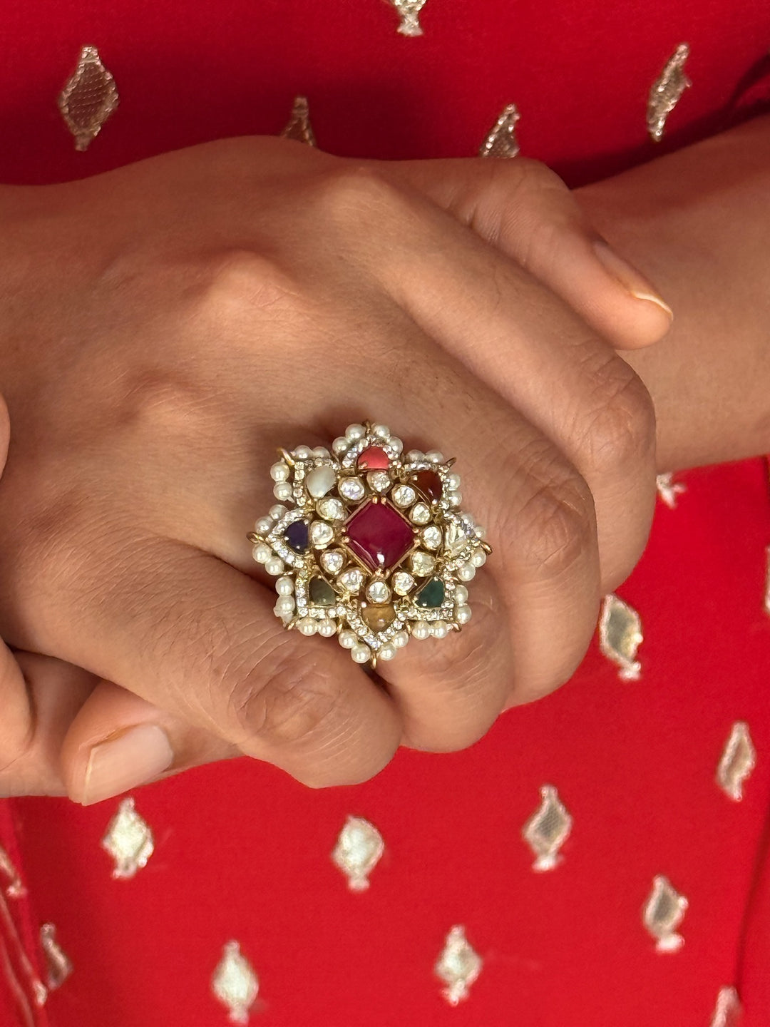 925 Silver Navratna Kundan Ring | SHIVKA Adjustable Jewelry