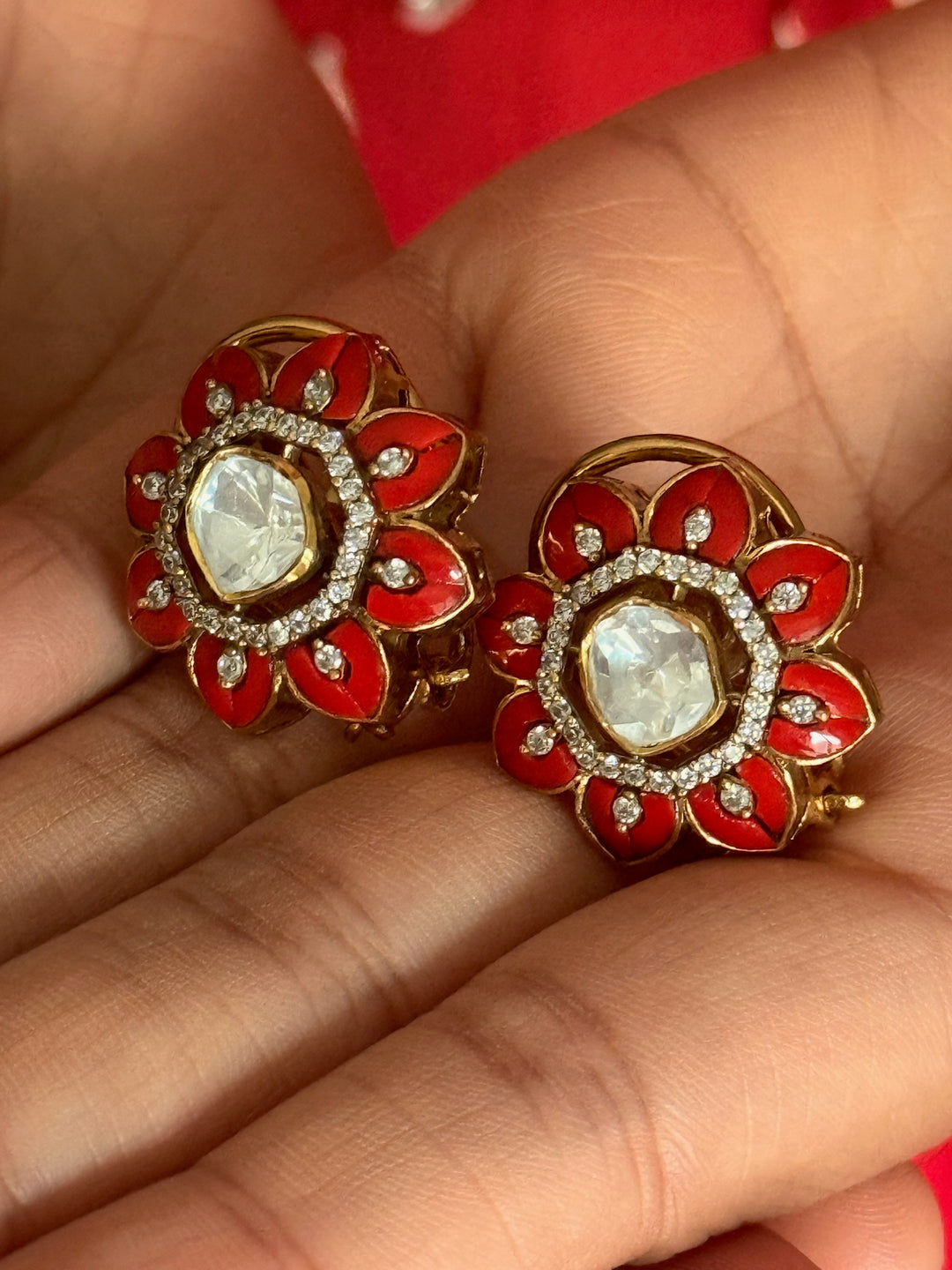 925 Silver Coral Kundan Studs | SHIVKA Antique Polki
