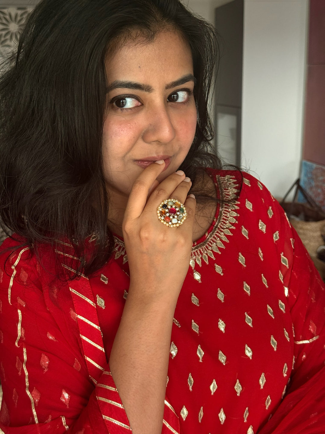 925 Silver Navratna Kundan Ring | SHIVKA Adjustable Jewelry