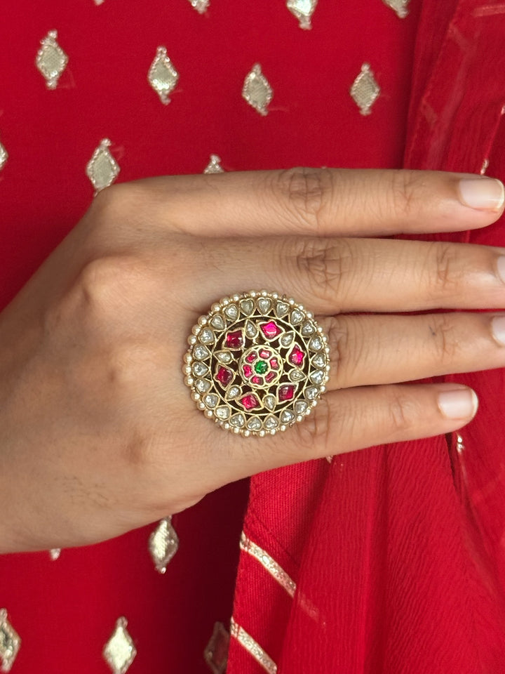 925 Silver Kundan Pearl Ring | SHIVKA Adjustable Gold Ring