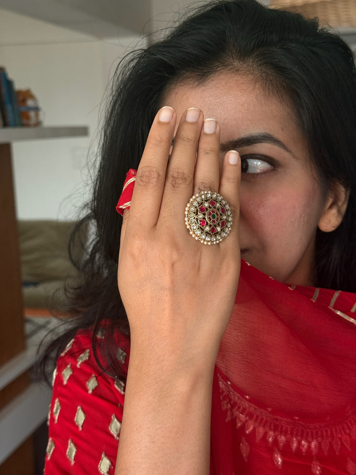 925 Silver Kundan Pearl Ring | SHIVKA Adjustable Gold Ring