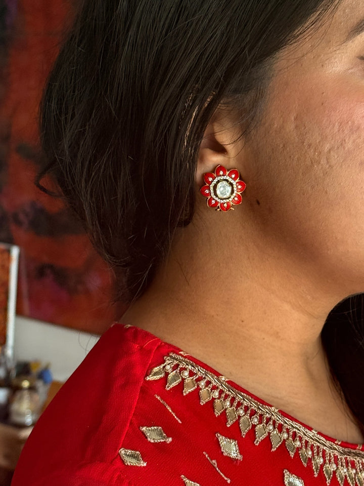 925 Silver Coral Kundan Studs | SHIVKA Antique Polki