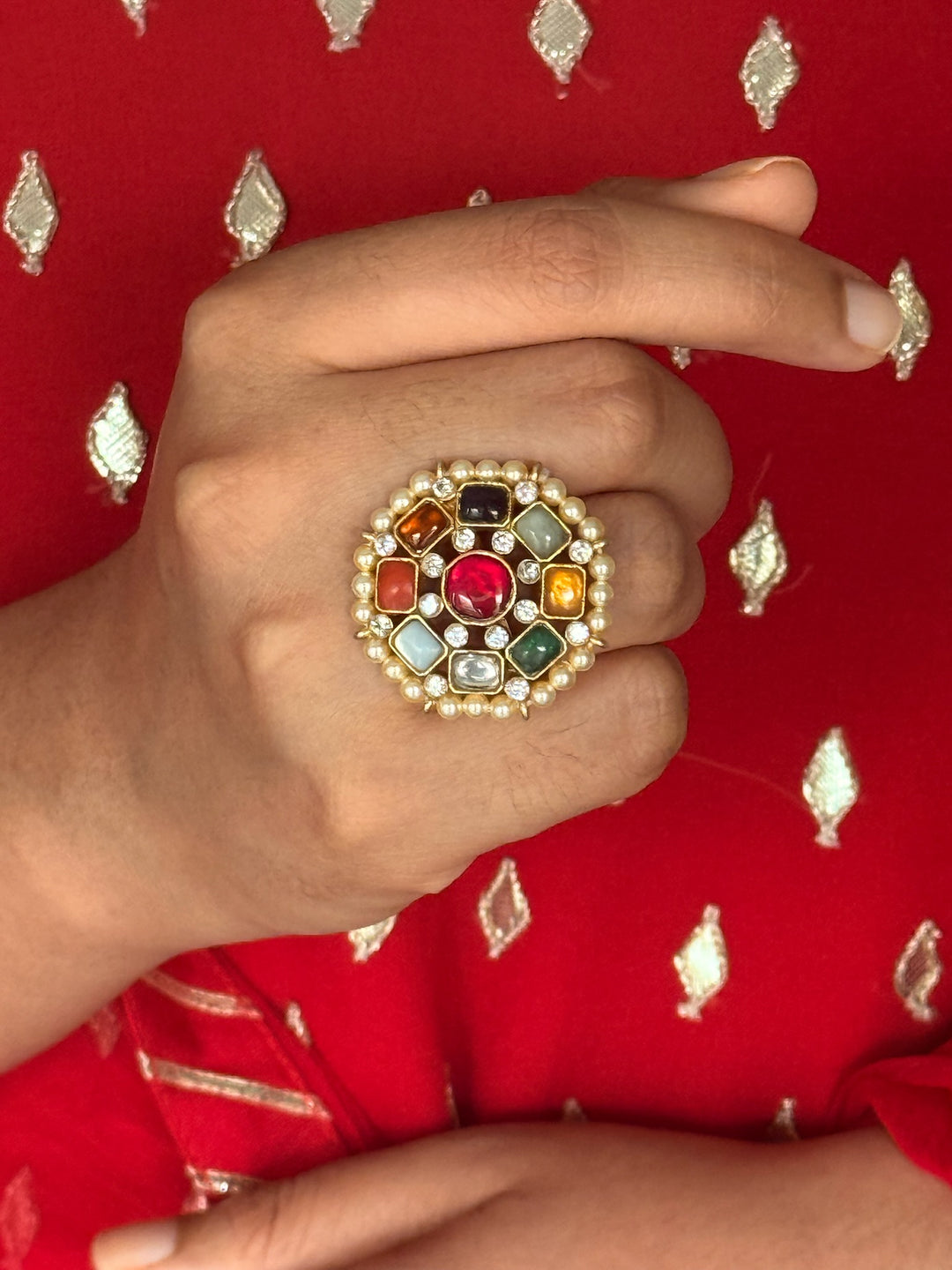 925 Silver Navratna Kundan Ring | SHIVKA Adjustable Jewelry