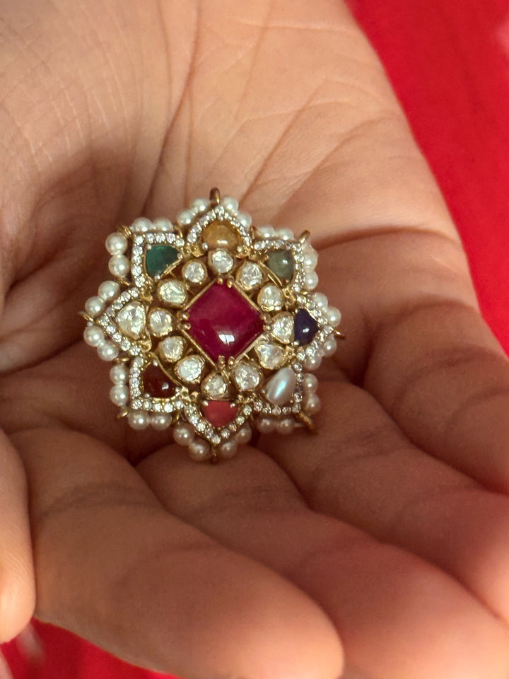 925 Silver Navratna Kundan Ring | SHIVKA Adjustable Jewelry