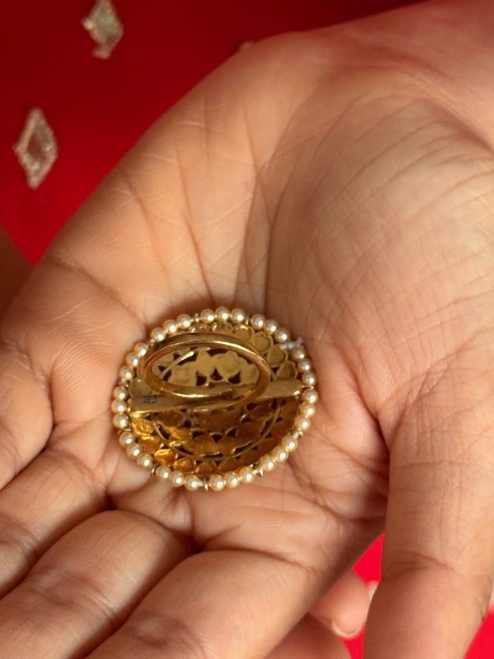 925 Silver Kundan Pearl Ring | SHIVKA Adjustable Gold Ring