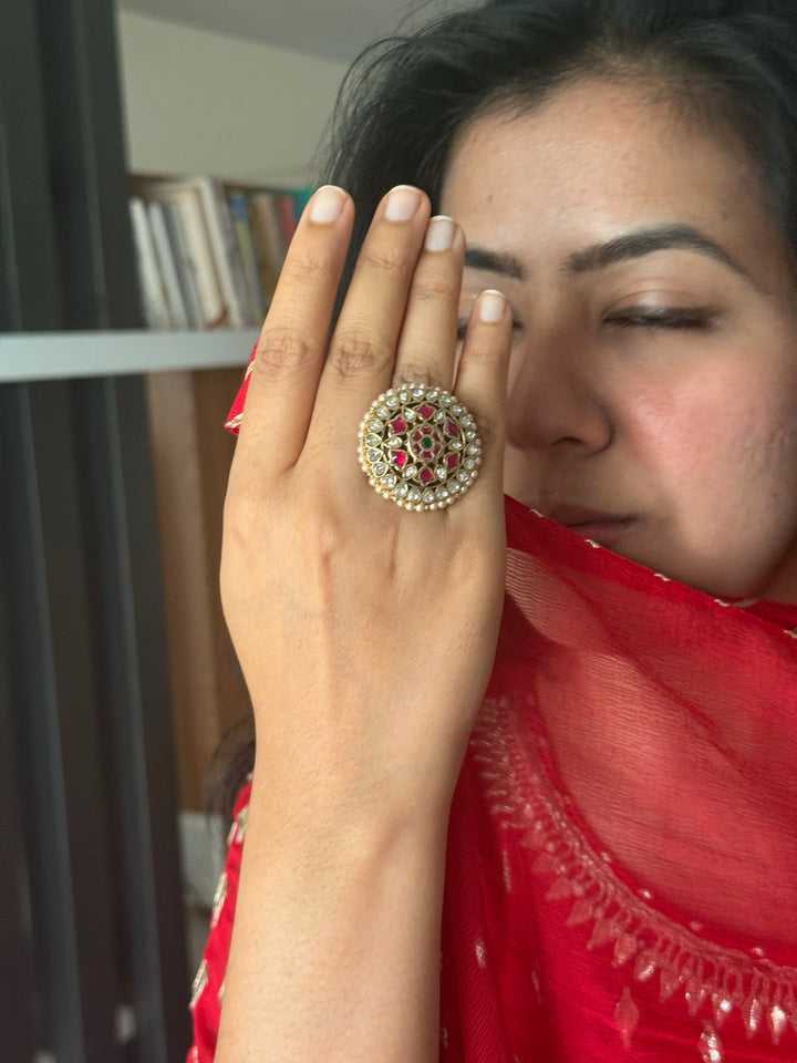 925 Silver Kundan Pearl Ring | SHIVKA Adjustable Gold Ring