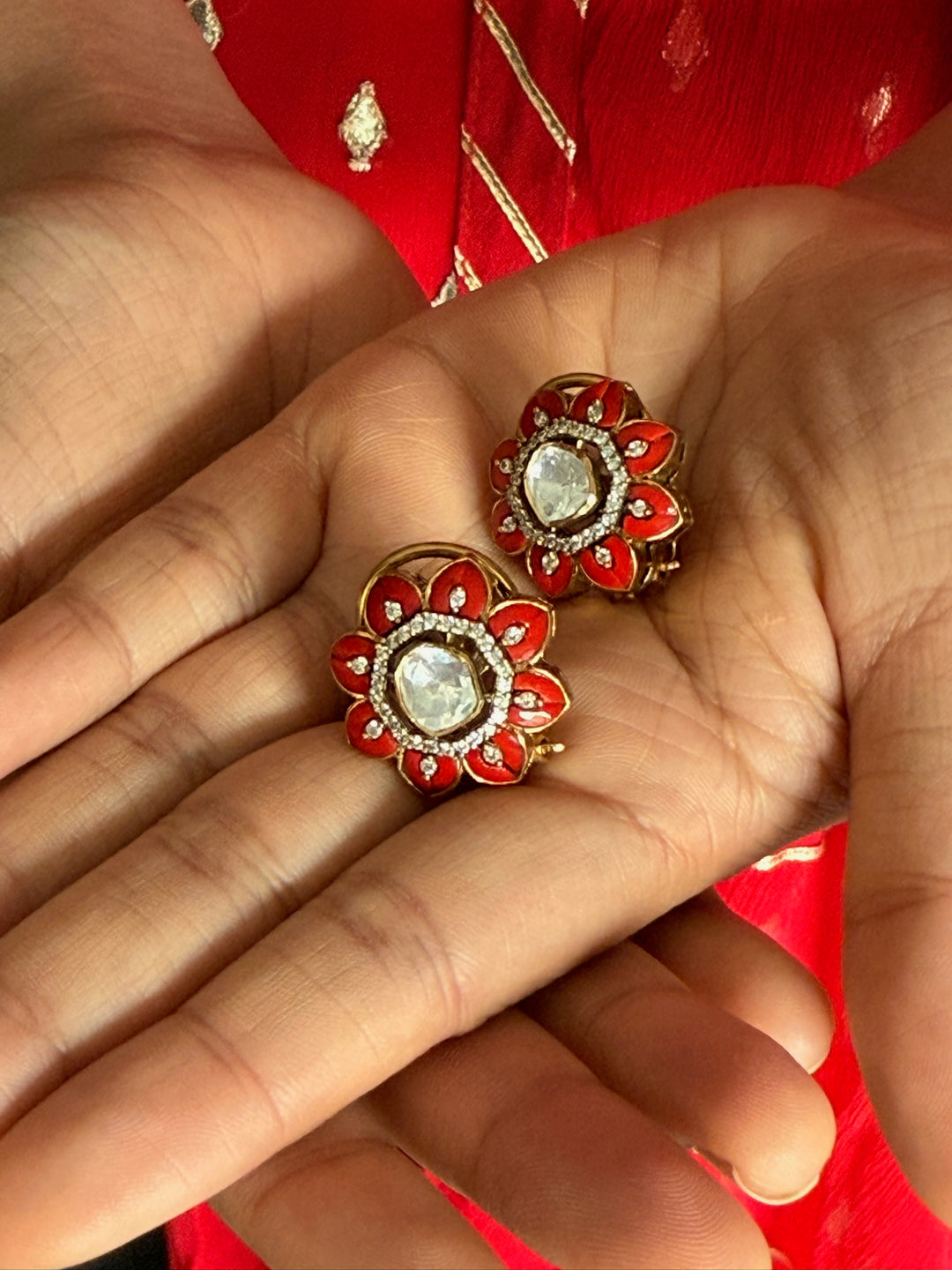 925 Silver Coral Kundan Studs | SHIVKA Antique Polki