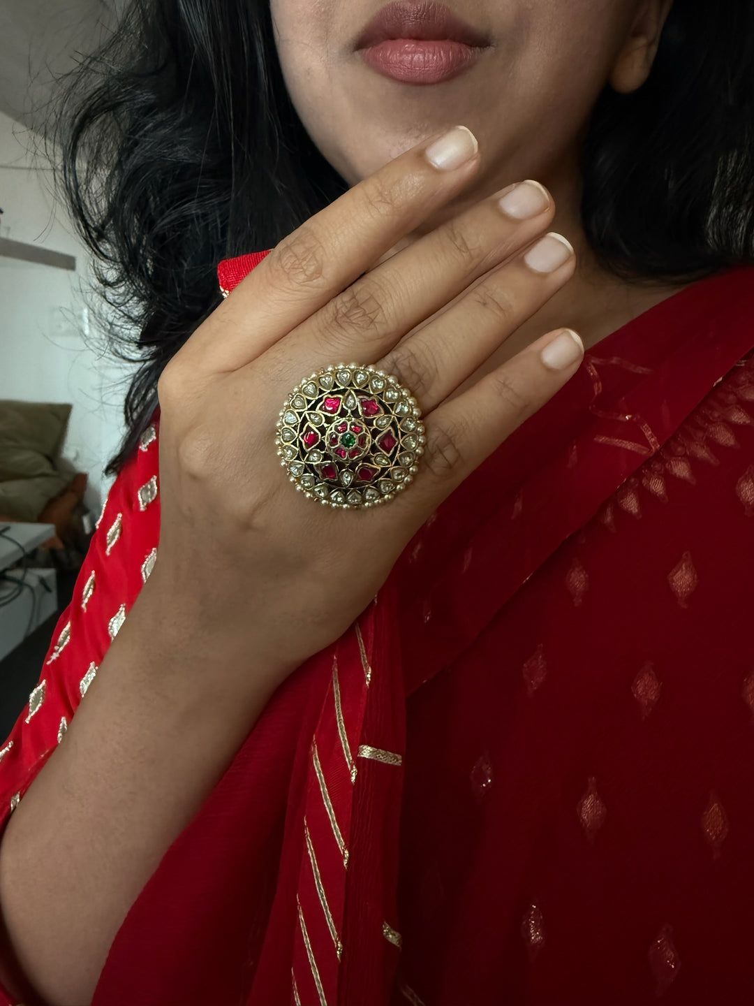 925 Silver Kundan Pearl Ring | SHIVKA Adjustable Gold Ring