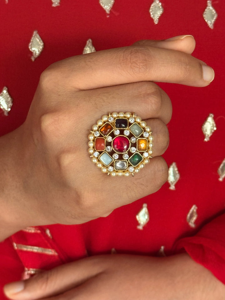 925 Silver Navratna Kundan Ring | SHIVKA Adjustable Jewelry