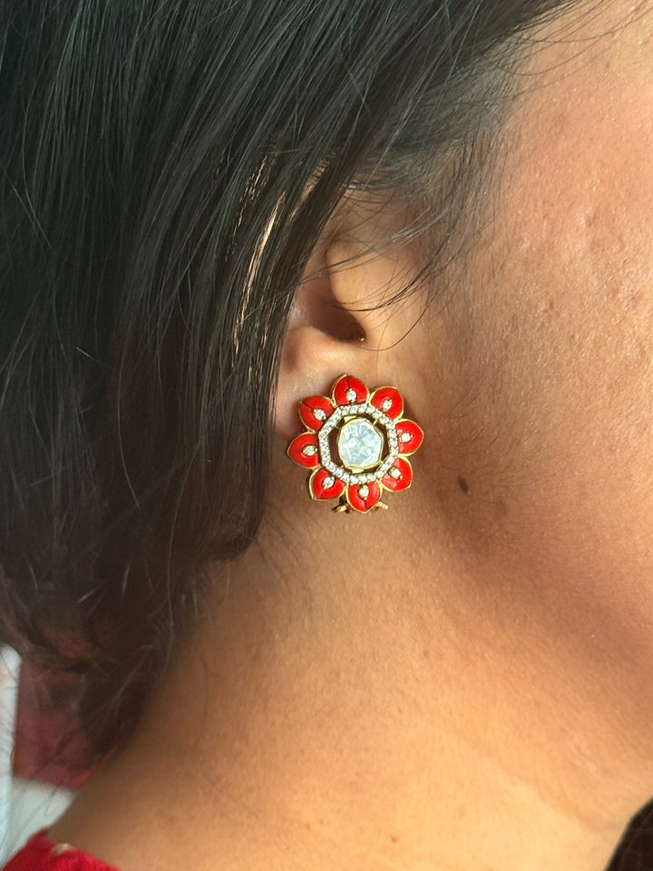 925 Silver Coral Kundan Studs | SHIVKA Antique Polki