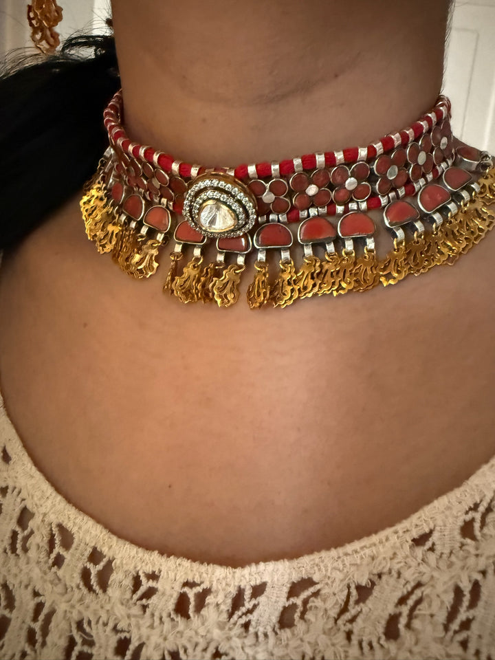 Coral Polki Kundan 925 Silver Necklace Set | SHIVKA