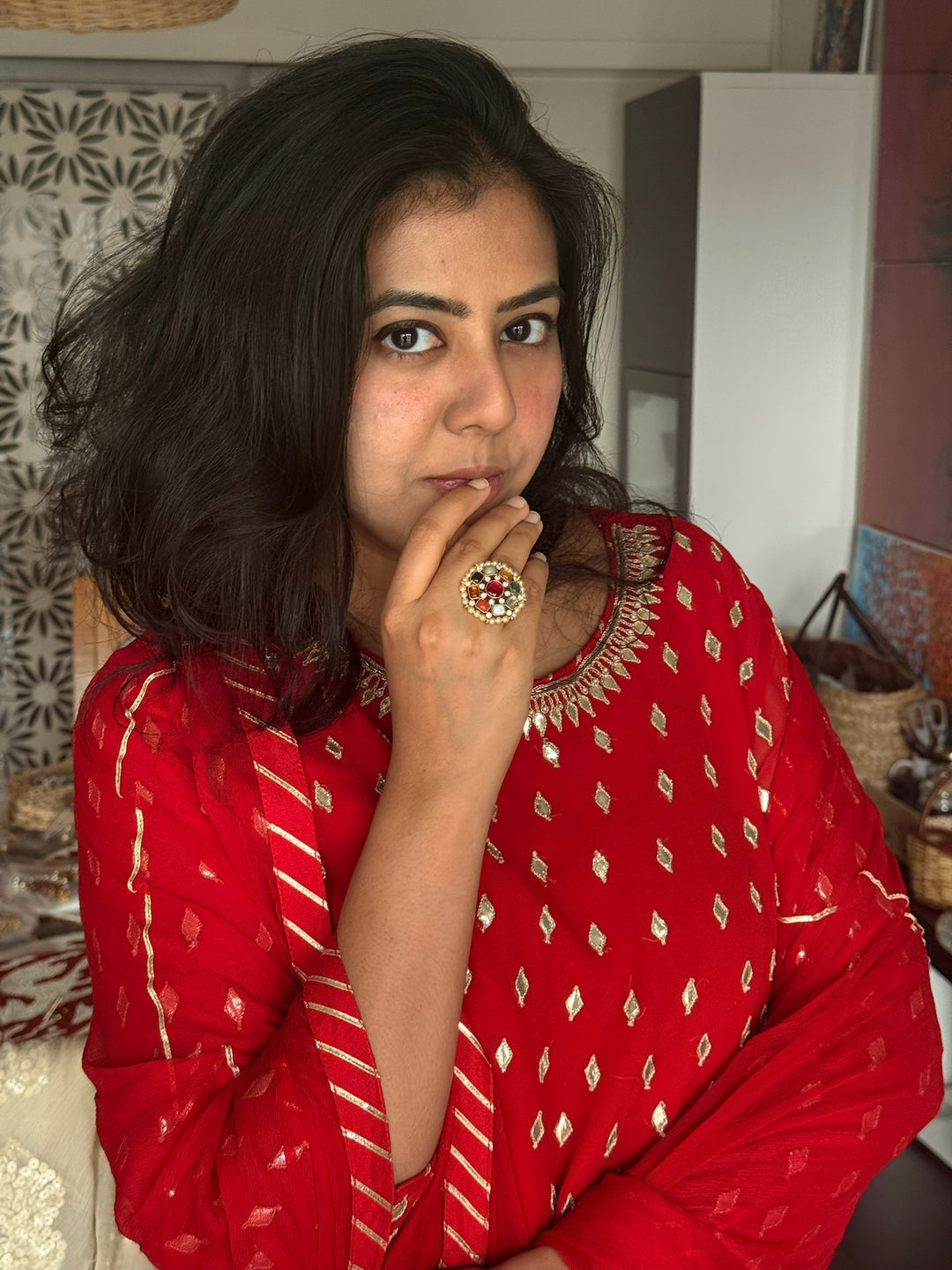 925 Silver Navratna Kundan Ring | SHIVKA Adjustable Jewelry