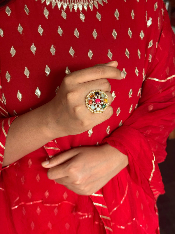 925 Silver Navratna Kundan Ring | SHIVKA Adjustable Jewelry