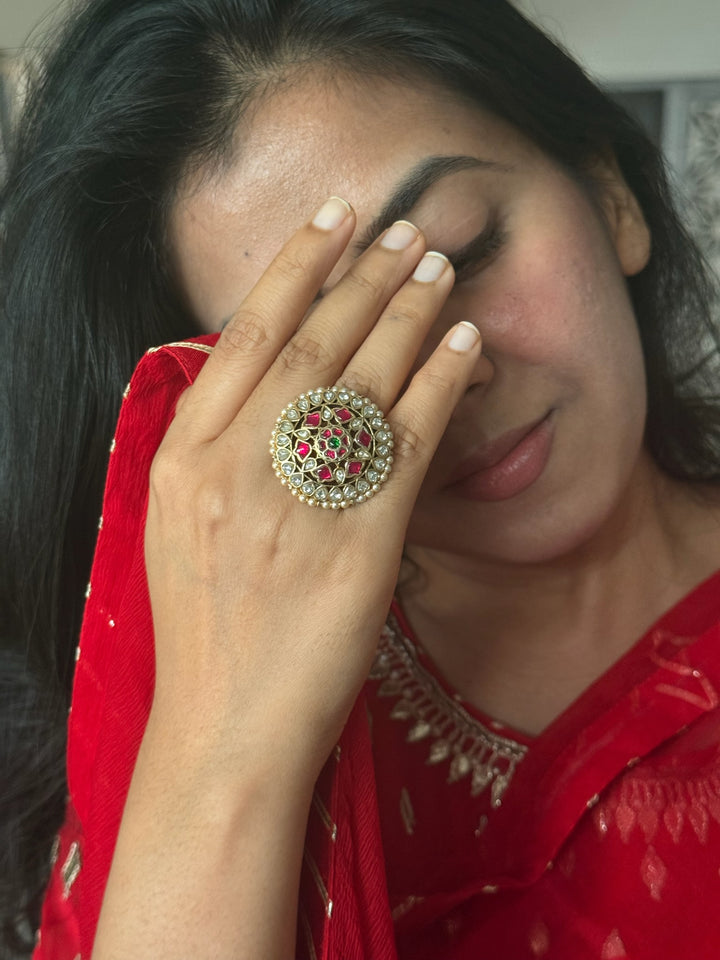 925 Silver Kundan Pearl Ring | SHIVKA Adjustable Gold Ring