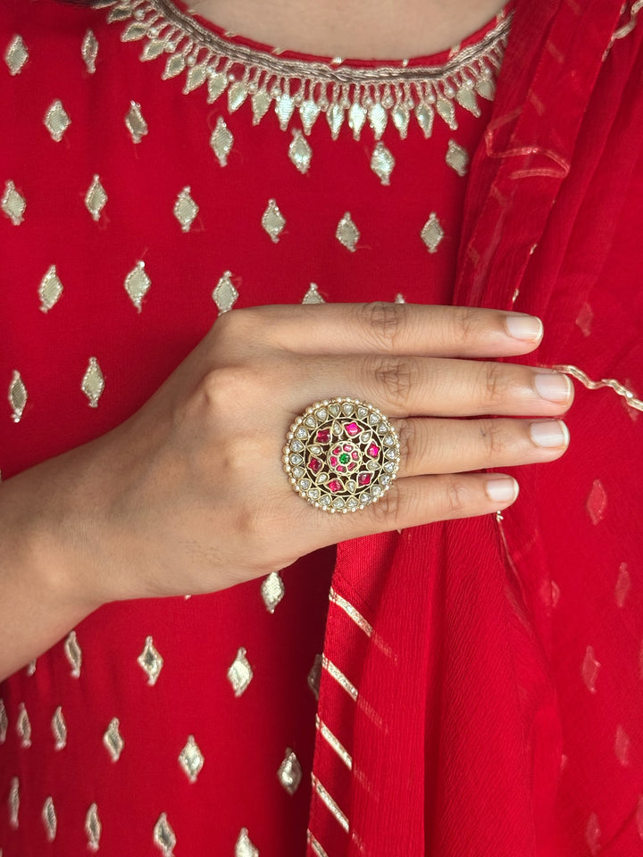 925 Silver Kundan Pearl Ring | SHIVKA Adjustable Gold Ring