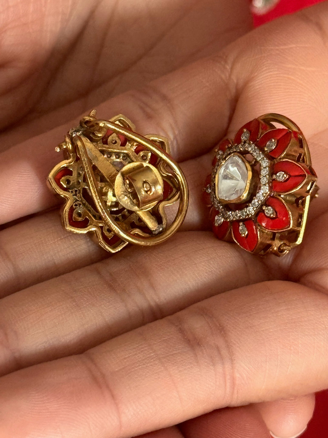 925 Silver Coral Kundan Studs | SHIVKA Antique Polki