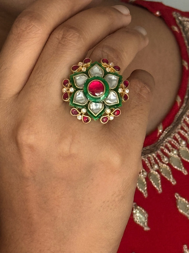 925 Silver Kundan Ring | SHIVKA Adjustable Gold Ring