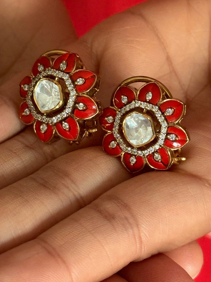 925 Silver Coral Kundan Studs | SHIVKA Antique Polki
