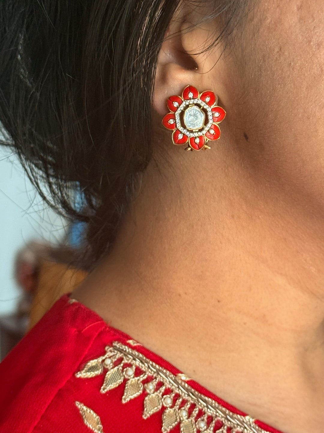 925 Silver Coral Kundan Studs | SHIVKA Antique Polki