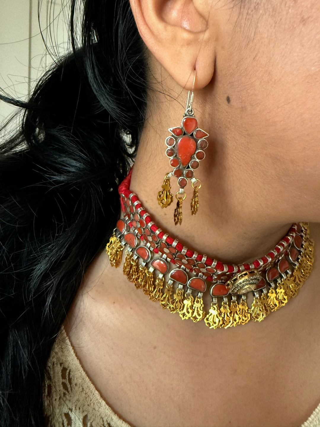 Coral Polki Kundan 925 Silver Necklace Set | SHIVKA