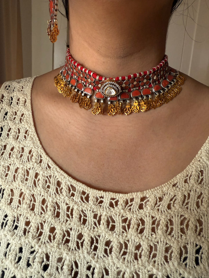 Coral Polki Kundan 925 Silver Necklace Set | SHIVKA