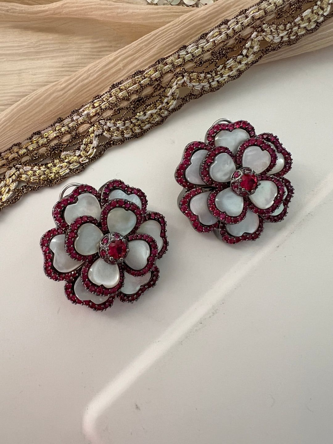 Elegant Designer Mother of Pearl (MOP) Stud Earrings | Brass & Stone Embellishments