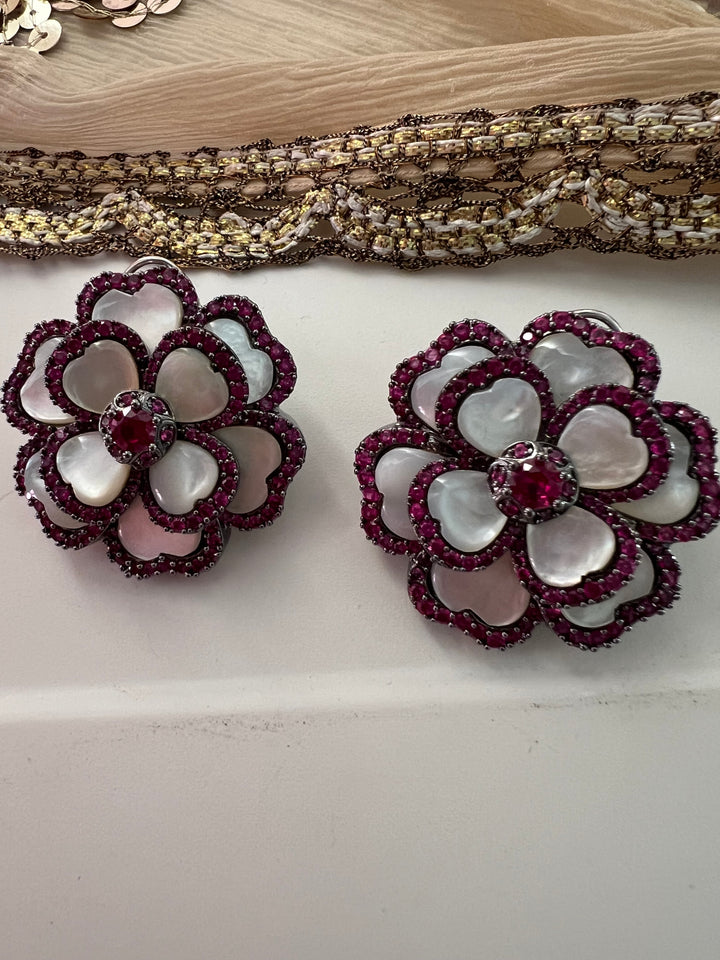 Elegant Designer Mother of Pearl (MOP) Stud Earrings | Brass & Stone Embellishments