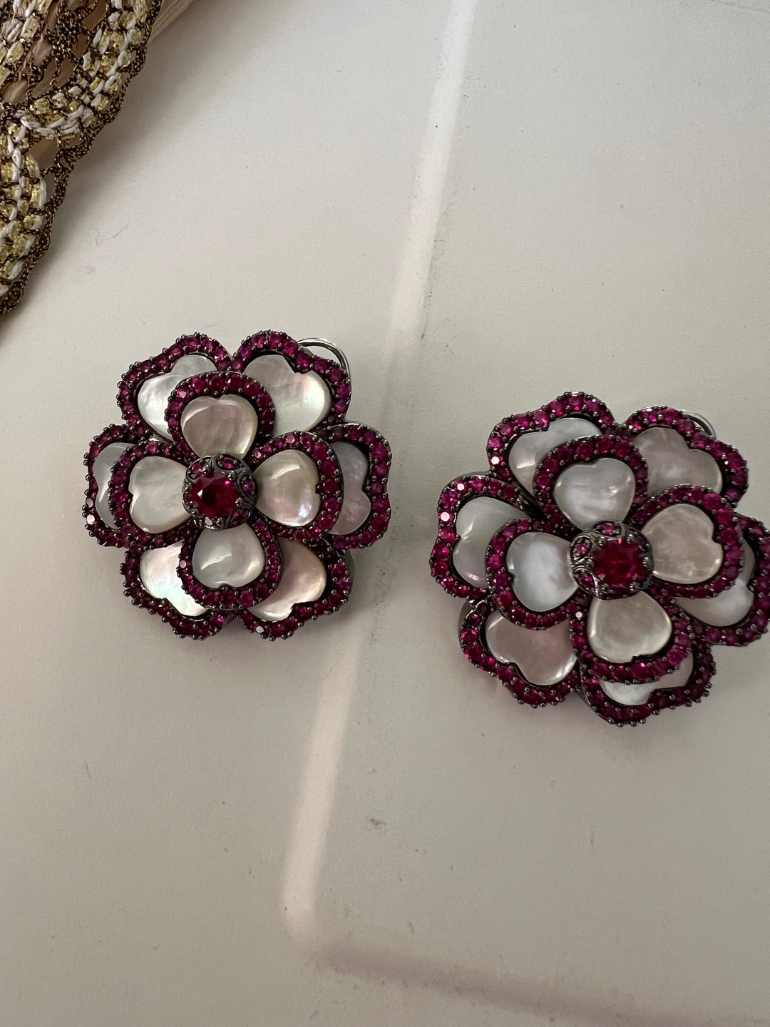 Elegant Designer Mother of Pearl (MOP) Stud Earrings | Brass & Stone Embellishments