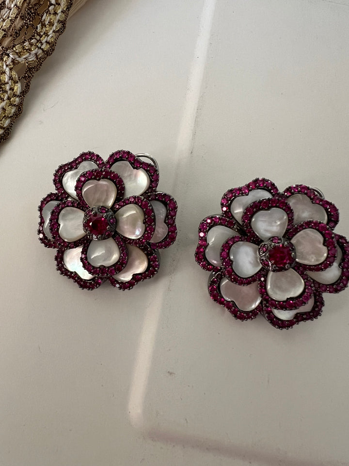 Elegant Designer Mother of Pearl (MOP) Stud Earrings | Brass & Stone Embellishments