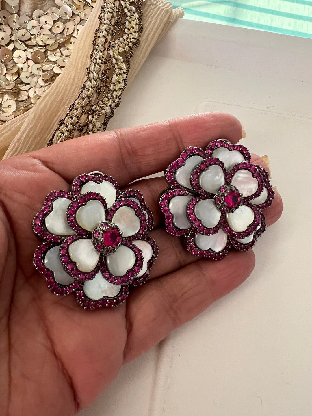 Elegant Designer Mother of Pearl (MOP) Stud Earrings | Brass & Stone Embellishments