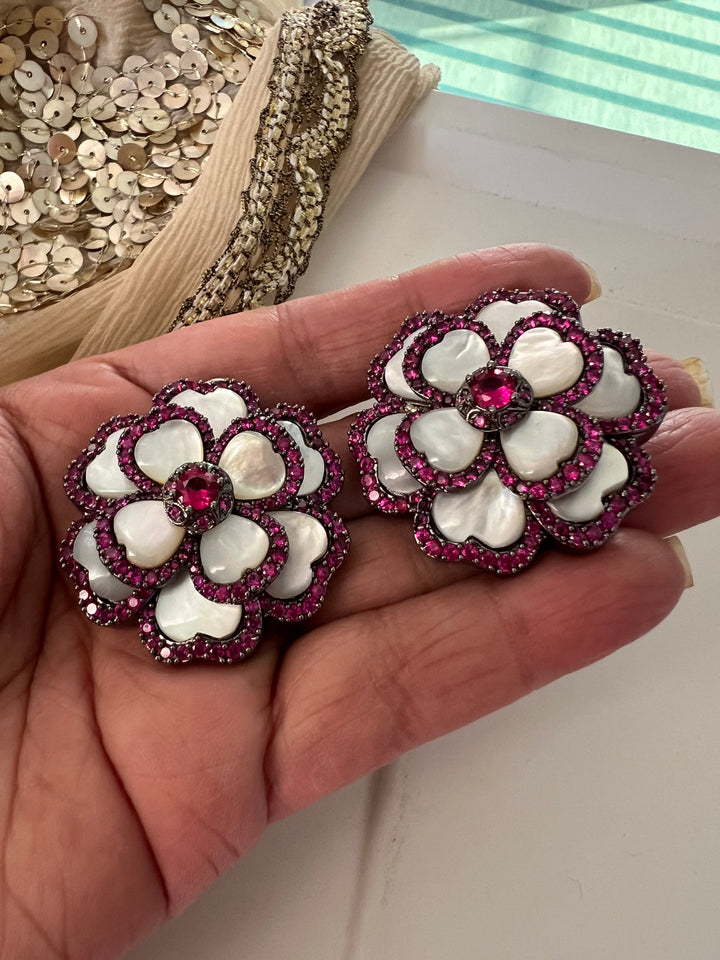 Elegant Designer Mother of Pearl (MOP) Stud Earrings | Brass & Stone Embellishments