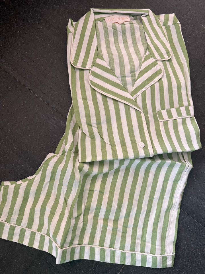 Striped Green Cotton Night Suit - Set of Two