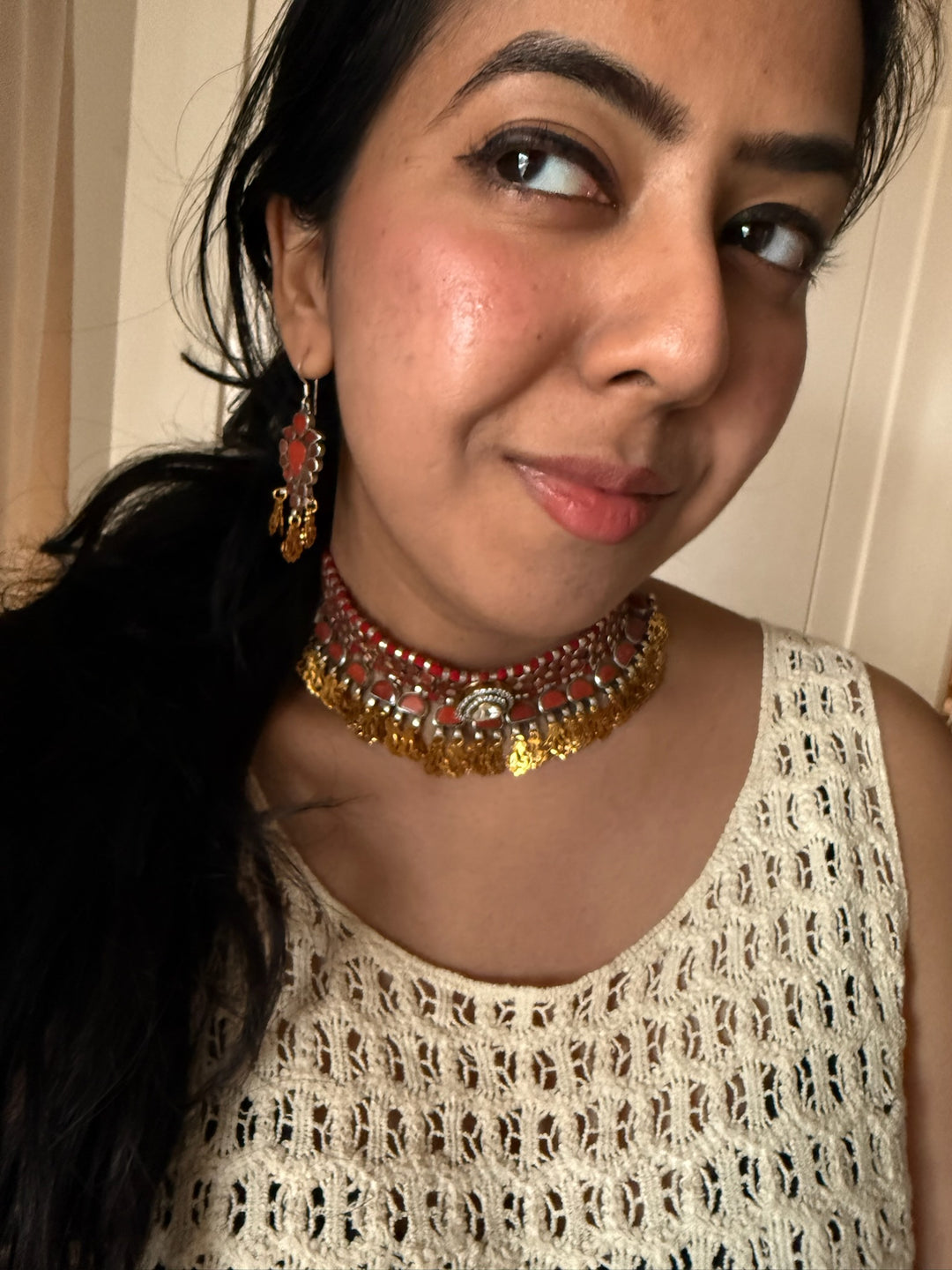 Coral Polki Kundan 925 Silver Necklace Set | SHIVKA